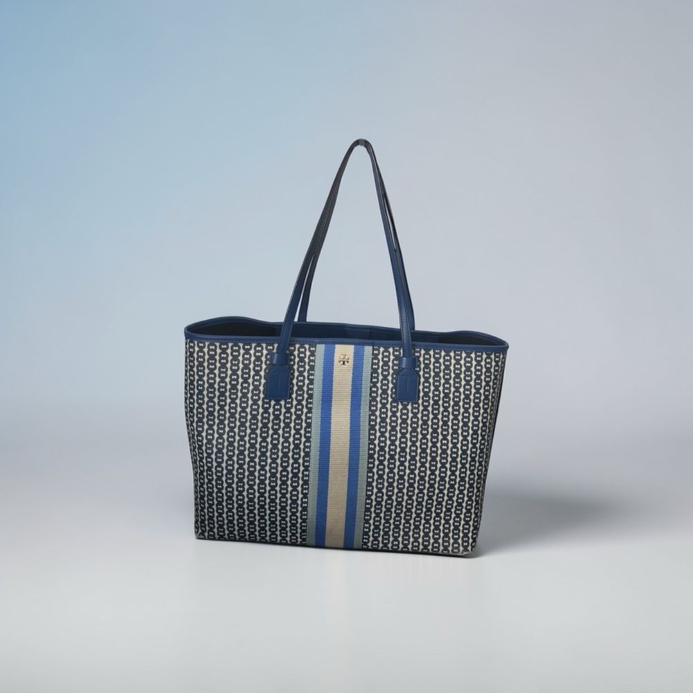Tory Burch Gemini Link Canvas Tote Handbag Jewel Blue Stripe Large XL